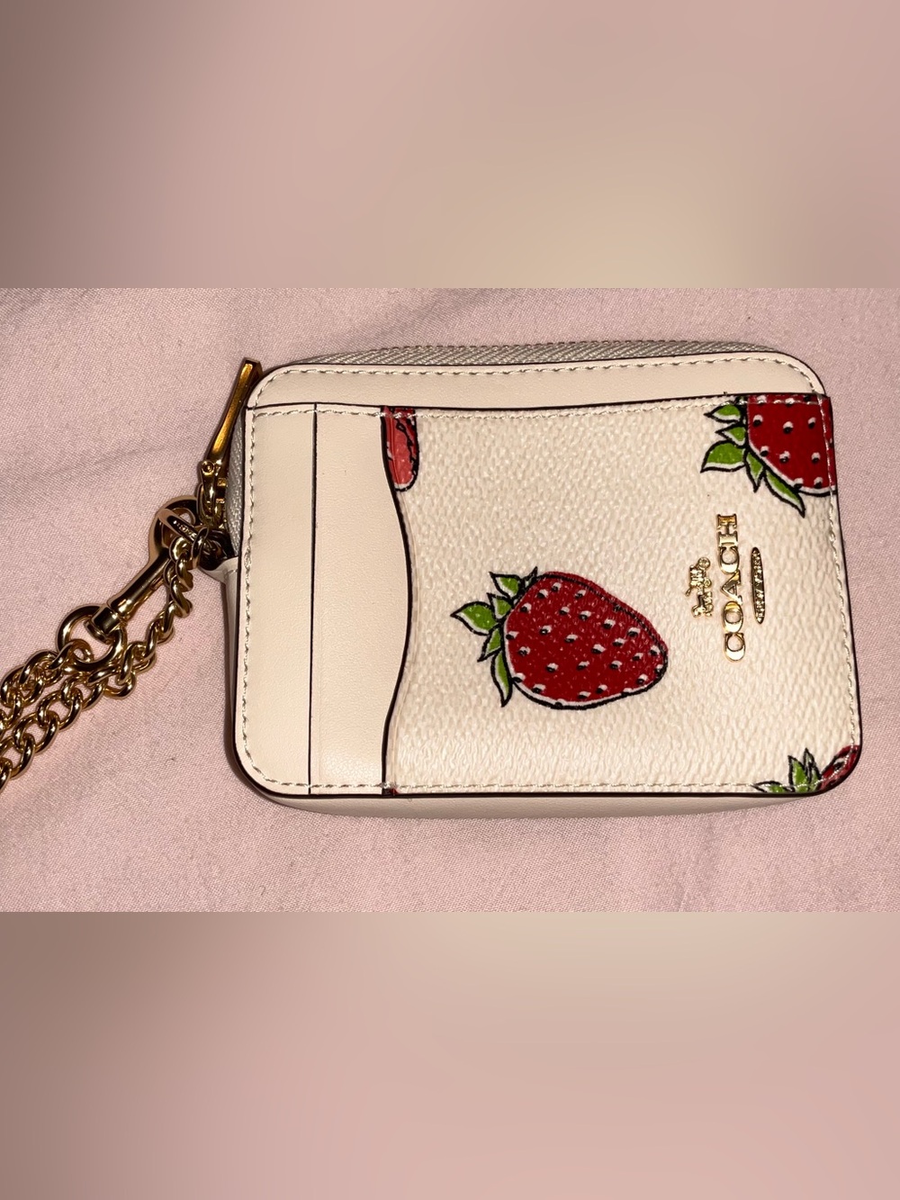 COACH Zip Card Case With Strawberry Print White & Red Wallet